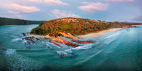 Pambula River Mouth 2:1 panorama, early morning light on estuarY