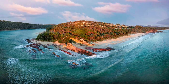 Pambula River Mouth 2:1 panorama, early morning light on estuarY