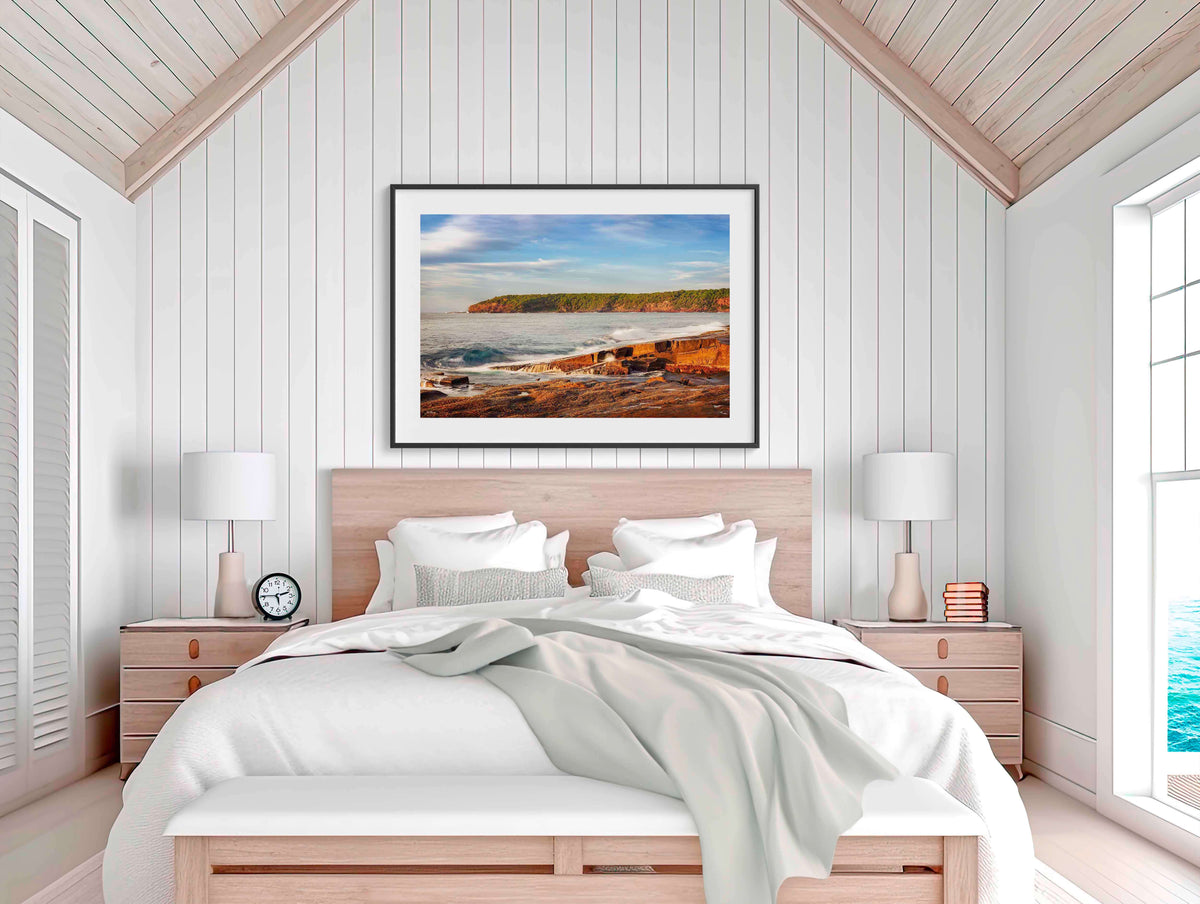 Short Point Sunrise wall art — golden rocky foreshore with Pied Oystercatchers, Merimbula NSW