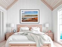 Short Point Sunrise wall art — golden rocky foreshore with Pied Oystercatchers, Merimbula NSW