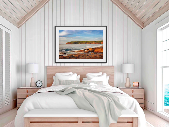Short Point Sunrise wall art — golden rocky foreshore with Pied Oystercatchers, Merimbula NSW