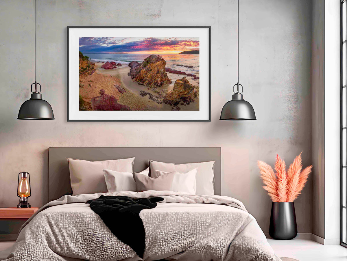 Pambula Beach Sunrise wall art — golden light on rocky cove, Far South Coast NSW