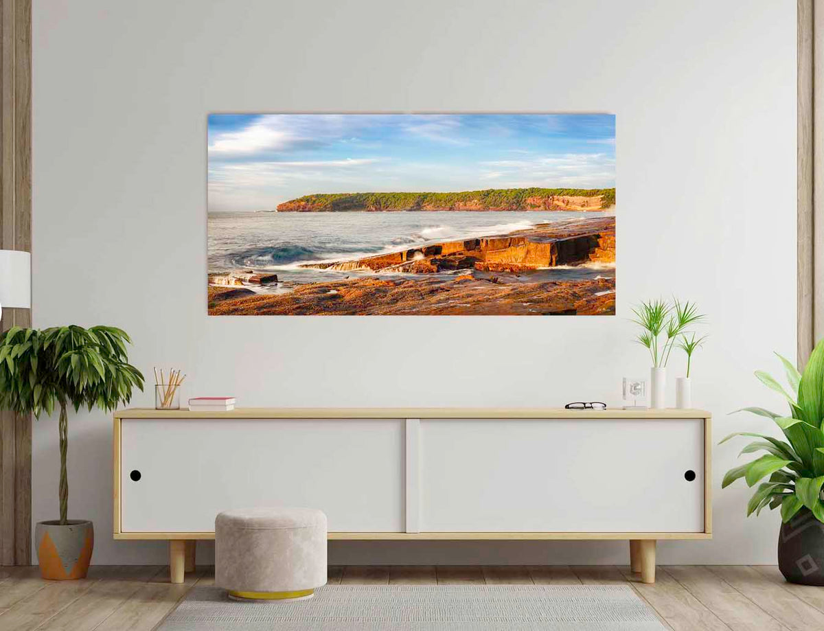Short Point Sunrise wide panorama — acrylic wall art, Merimbula NSW