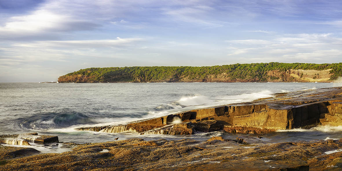 Short Point Merimbula 2:1 sunrise panorama, oystercatchers and golden light