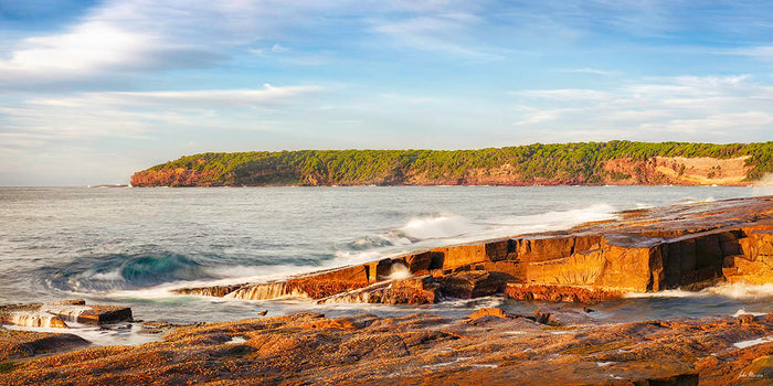 Short Point Merimbula 2:1 sunrise panorama, oystercatchers and golden light
