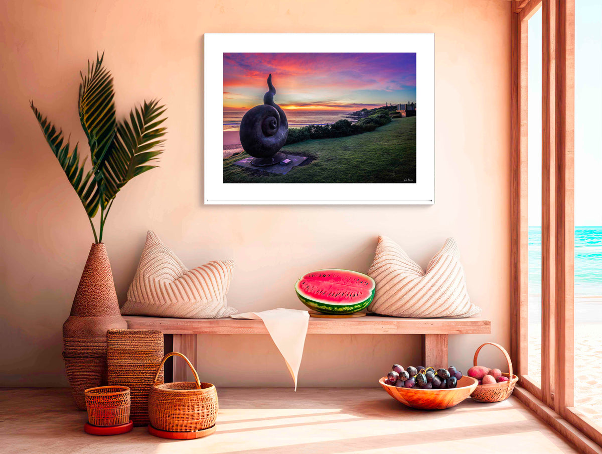 Short Point Tide Spiral sculpture Merimbula in white frame