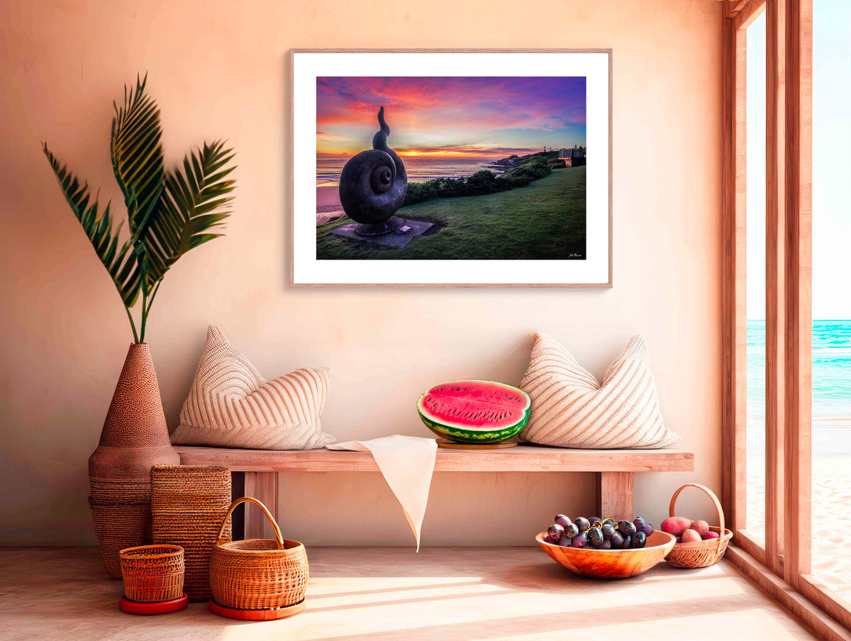 Short Point Statue wall art — Tide Spiral sculpture at sunrise, Merimbula NSW