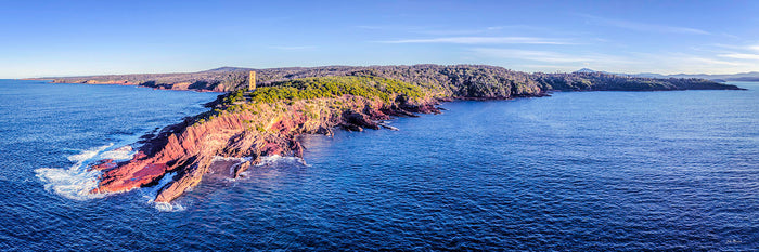 Ben Boyd Tower Eden 3:1 panorama, coastal heath and Tasman Sea