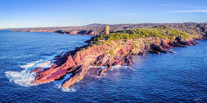 Ben Boyd Tower Eden 2:1 panorama, sandstone cliffs and Tasman Sea