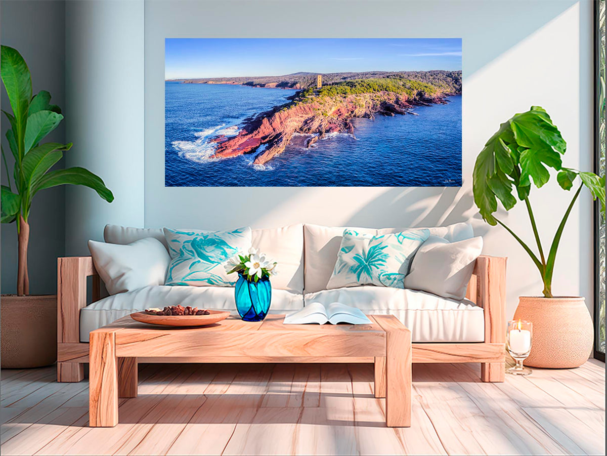 Ben Boyd Tower Eden wide panorama 2:1 — acrylic wall art, late afternoon light