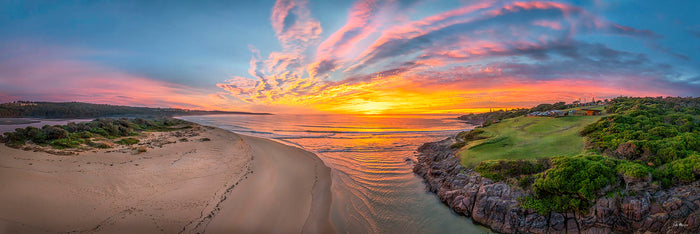 Short Point back lake 3:1 panorama, golden morning light, Merimbula NSW