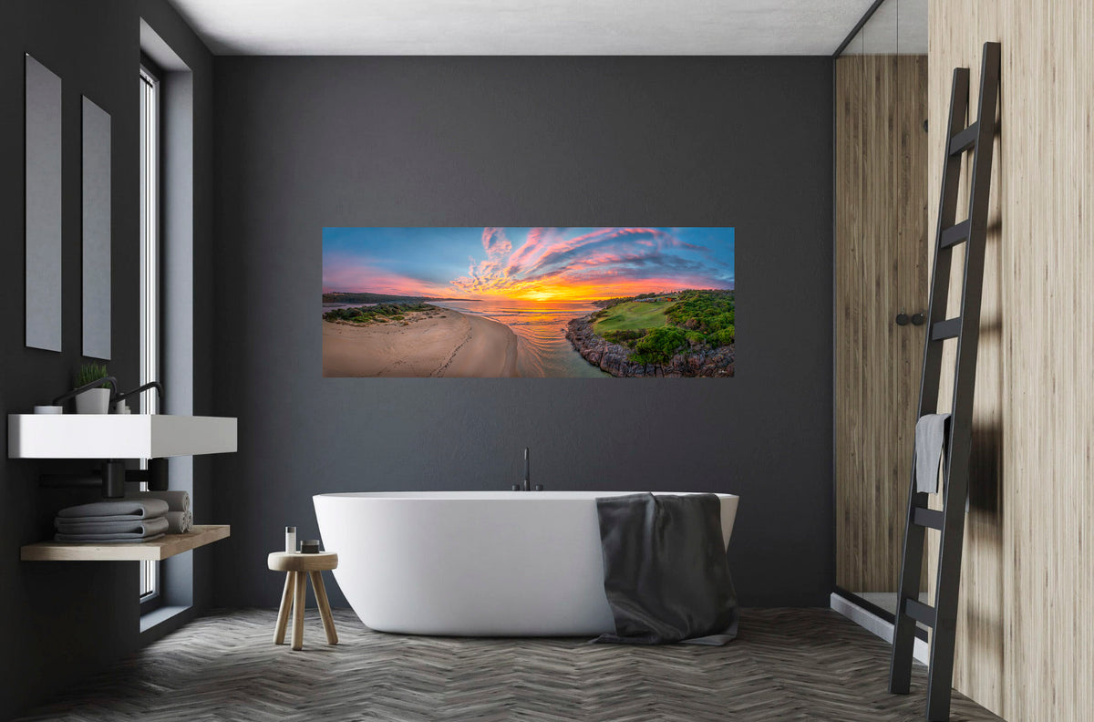 New Day Short Point super wide panorama — acrylic wall art, lake entrance at dawn