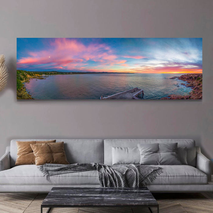 Tathra Sunrise super wide panorama — acrylic wall art, Tathra Wharf and beach NSW