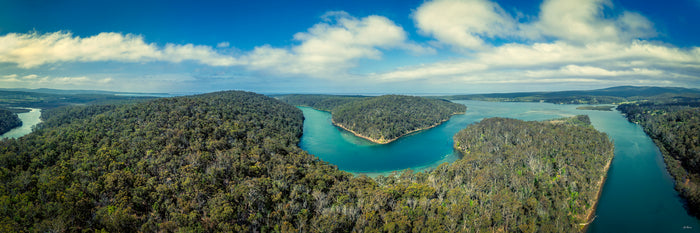 Pambula Lake and river estuary super wide panorama, NSW Sapphire Coast