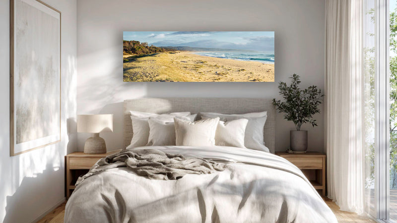 Bournda Beach super wide panorama — framed print in coastal bedroom, Sapphire Coast NSW