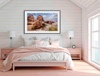 Ancient Devonian rock formations at Pambula Beach at dusk, NSW Sapphire Coast — framed print