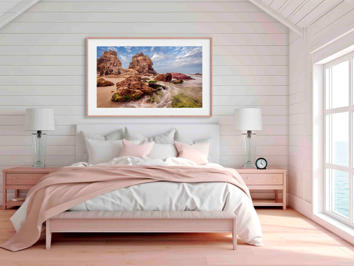 Ancient Devonian rock formations at Pambula Beach at dusk, NSW Sapphire Coast — wall art