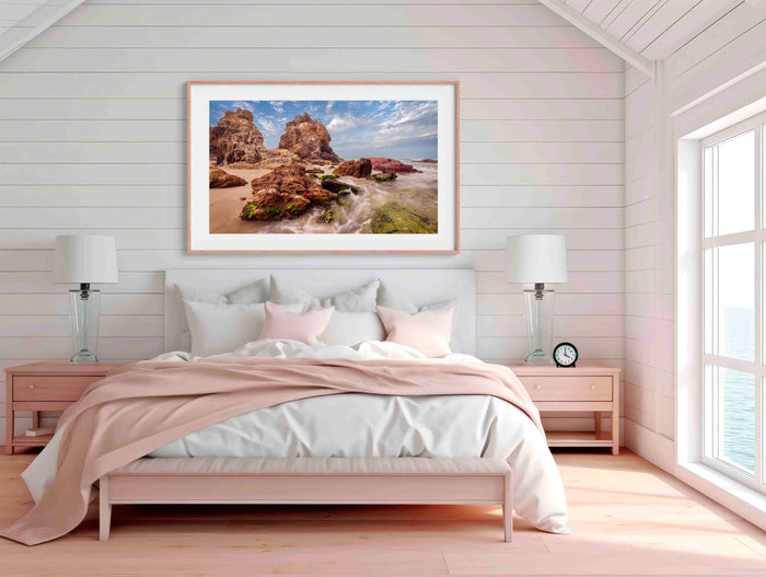 Ancient Devonian rock formations at Pambula Beach at dusk, NSW Sapphire Coast — wall art