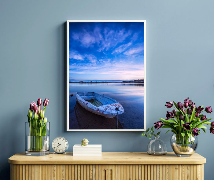 Little dinghy moored on Merimbula Lake at violet sunset, NSW Sapphire Coast — wall art
