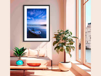 Little dinghy moored on Merimbula Lake at violet sunset, NSW Sapphire Coast — fine art print