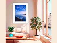 Little dinghy moored on Merimbula Lake at violet sunset, NSW Sapphire Coast — gallery print
