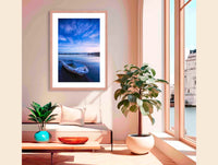 Little dinghy moored on Merimbula Lake at violet sunset, NSW Sapphire Coast — framed print