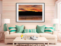 Top Lake Merimbula sunset print, oyster lease frames in golden water