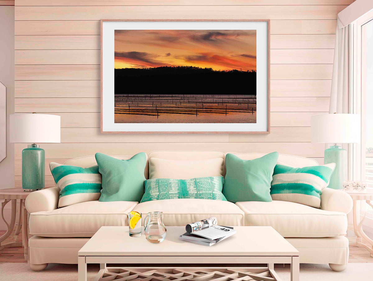 Top Lake Sunset Merimbula wall art — oyster leases at sunset, Merimbula NSW