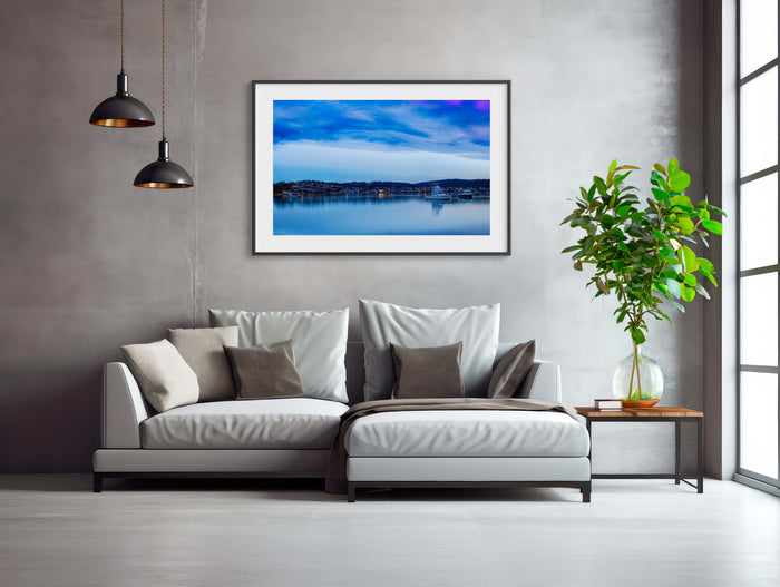 Dawn Merimbula Lake wall art — deep blue and pink dawn sky reflected in still water, NSW