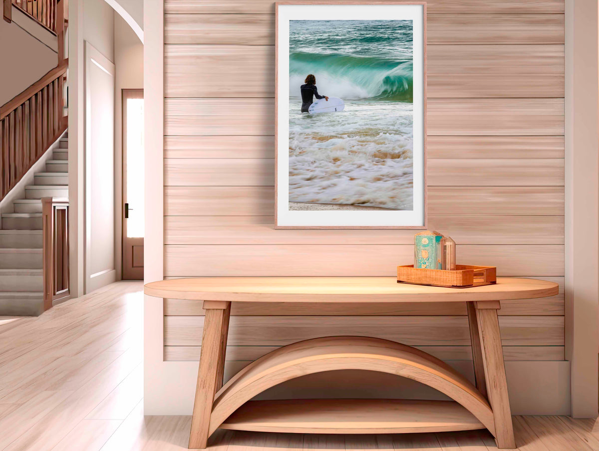 Short Point Surfer wall art — lone surfer at Short Point beach, Merimbula NSW