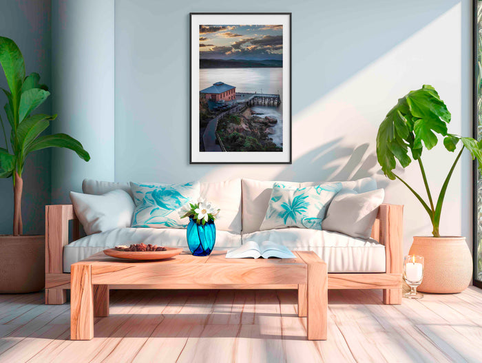 Tathra Wharf Smooth Seas wall art — long exposure at dusk, fisherman at end of pier NSW