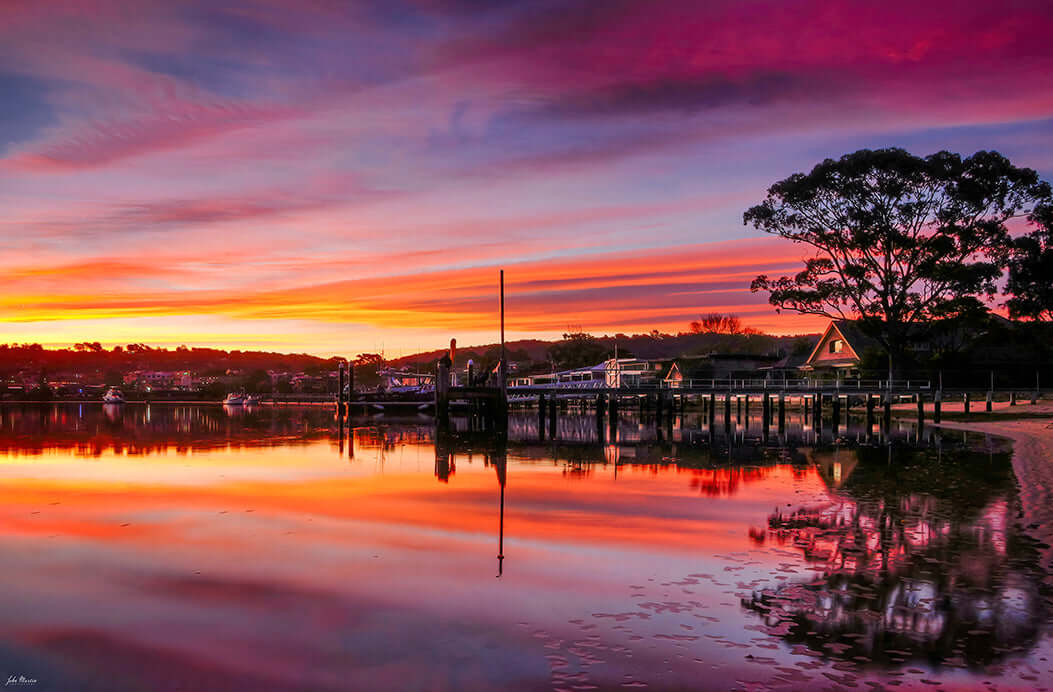 Spencer Park Merimbula Lake sunset print, crimson and gold sky reflection