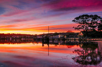 Spencer Park Merimbula Lake sunset print, crimson and gold sky reflection