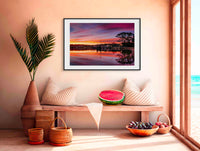 Spencer Park Merimbula wall art — vivid sunset reflected in lake, NSW Sapphire Coast