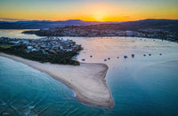Fishpen aerial photograph at sunset, Merimbula Lake and township from above