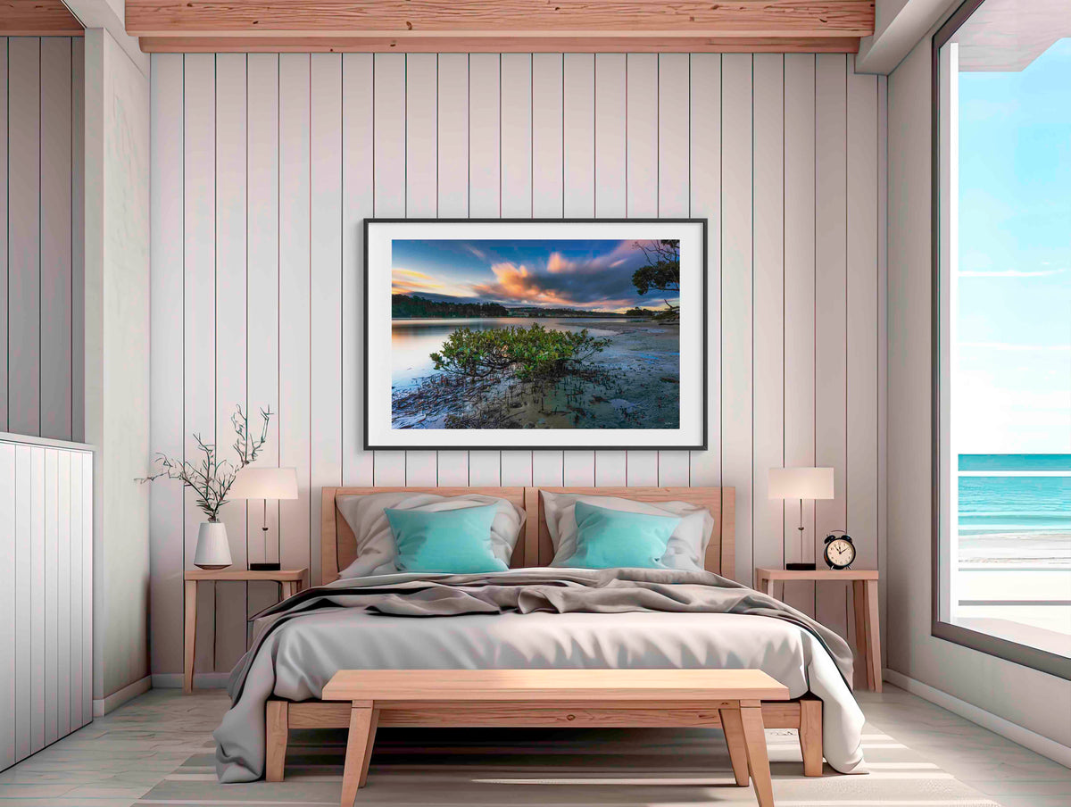 Merimbula through a Mangrove Tree wall art — aerial view through mangrove frame, NSW
