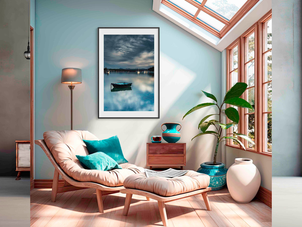 Little Boat wall art — small teal dinghy on Merimbula Lake with Mount Imlay, NSW