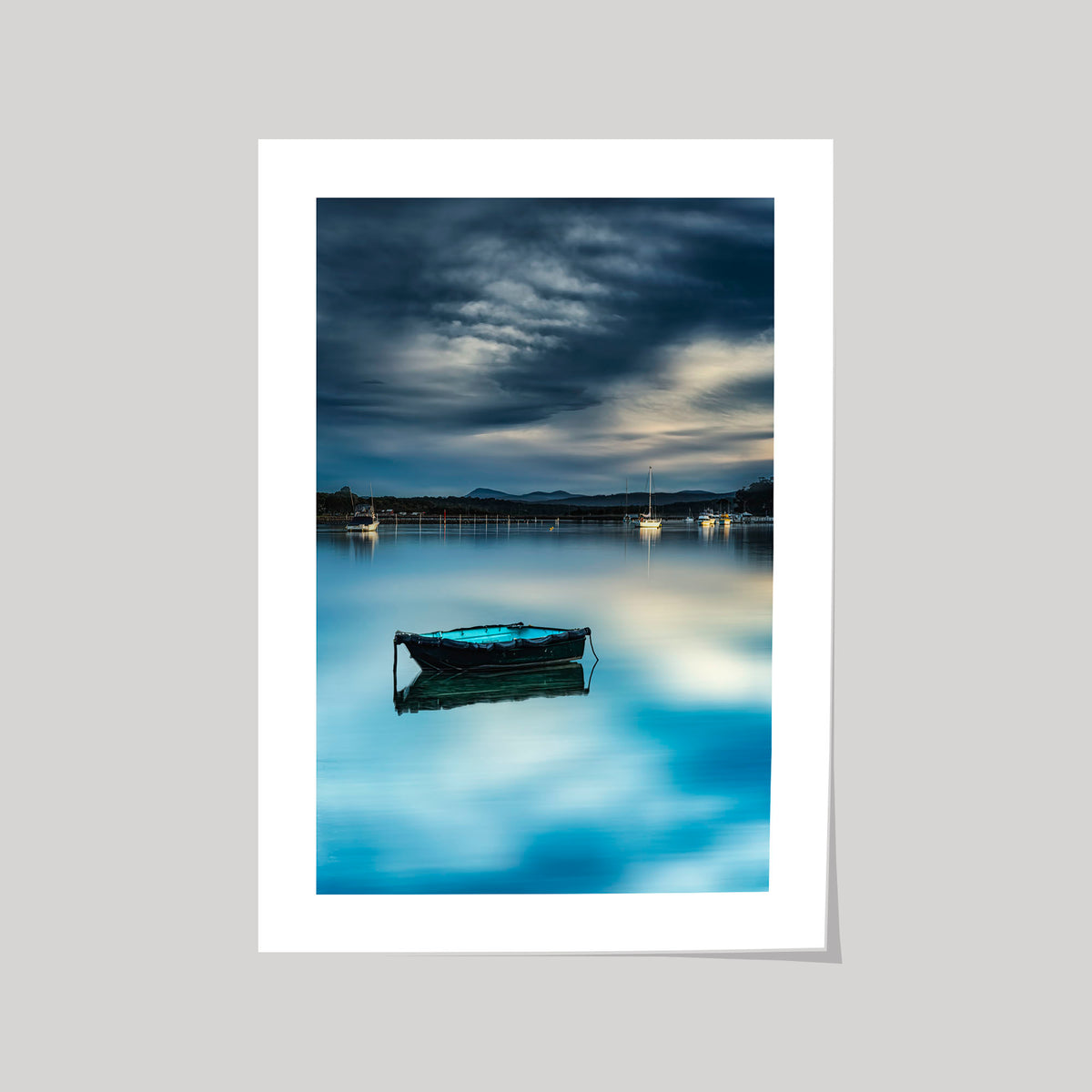 Moored dinghy on Merimbula Lake at dusk, NSW — artistic long-exposure treatment — print detail