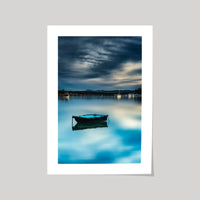 Moored dinghy on Merimbula Lake at dusk, NSW — artistic long-exposure treatment — print detail