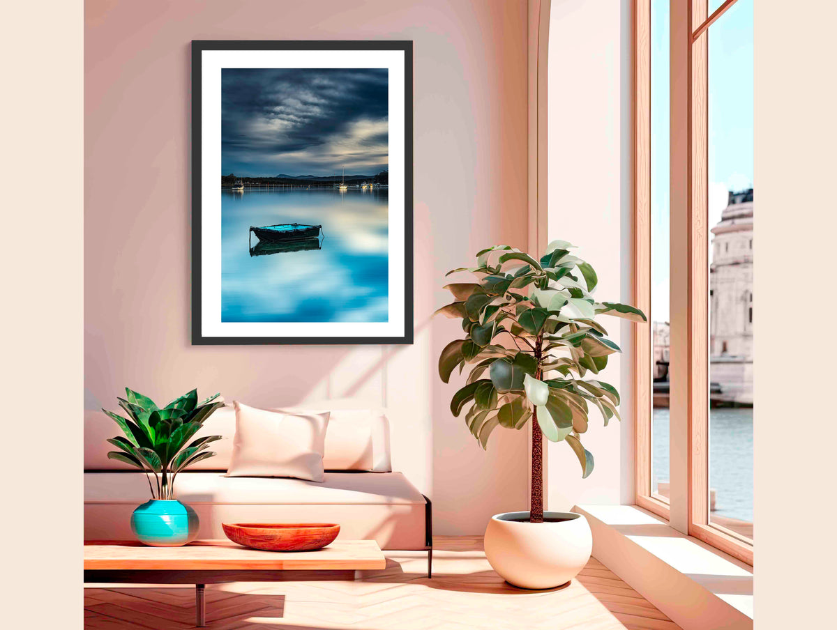 Moored dinghy on Merimbula Lake at dusk, NSW — artistic long-exposure treatment — wall art