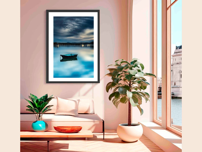 Moored dinghy on Merimbula Lake at dusk, NSW — artistic long-exposure treatment — wall art