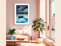Moored dinghy on Merimbula Lake at dusk, NSW — artistic long-exposure treatment — framed print