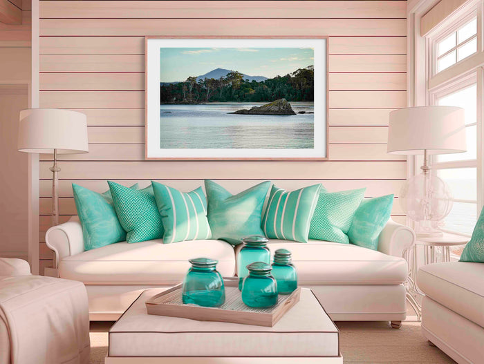 Twofold Bay Eden wall art — pink wispy clouds over calm harbour at sunset, NSW