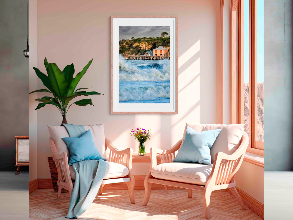 Tathra Wharf and Waves wall art — waves crashing against historic wharf, Far South Coast NSW