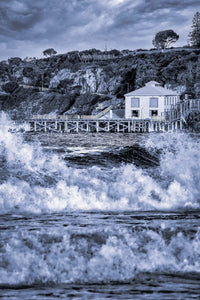 Tathra Wharf black and white print, dramatic waves against historic wharf