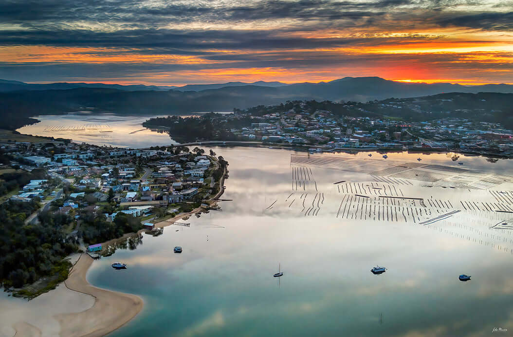 Merimbula aerial sunset print, Fishpen and lake from above