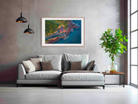 Merimbula Wharf aerial wall art — red rocks and deep blue Tasman Sea from above, NSW