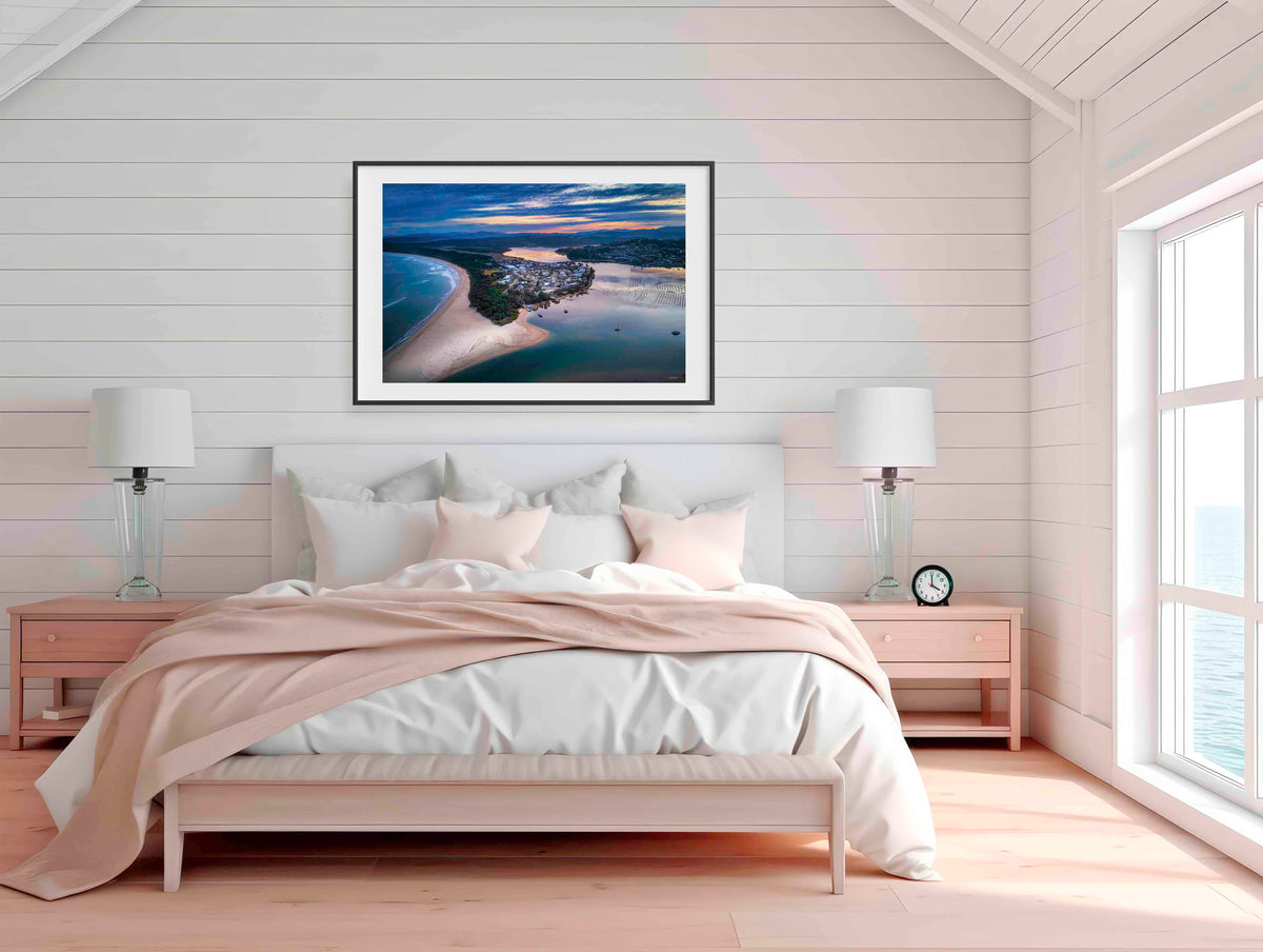 Fishpen on Dusk wall art — aerial view at golden hour, Merimbula Lake NSW