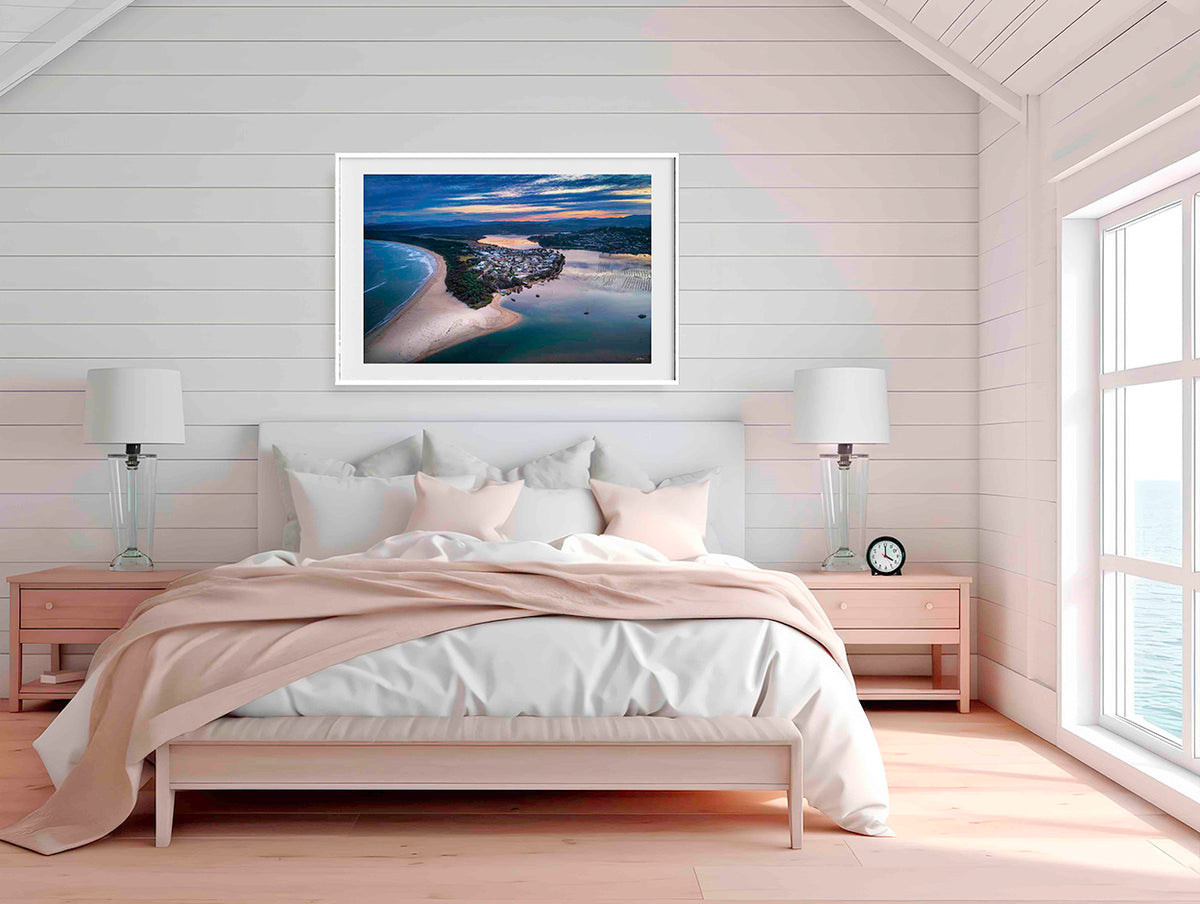 Fishpen Peninsula and Merimbula Lake aerial at dusk, NSW — framed print