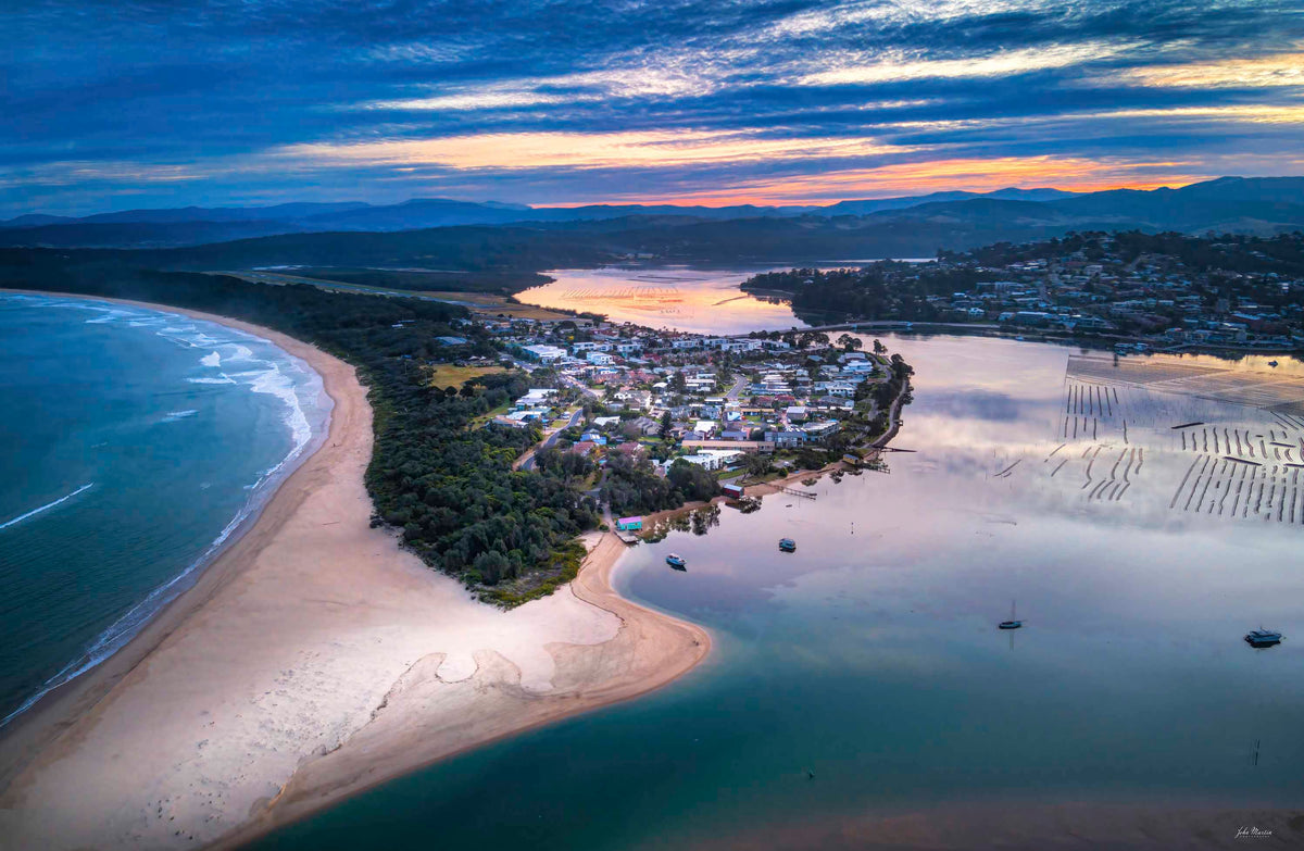 Fishpen aerial dusk print, Merimbula township from above at sunset